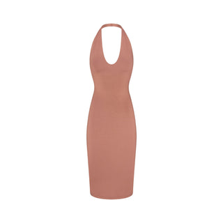 SMOOTH LAYERS PLUNGE HALTER MIDI DRESS | NUTMEG