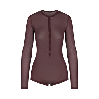 SLINKY KNIT BUTTON UP HENLEY ONESIE | CURRANT