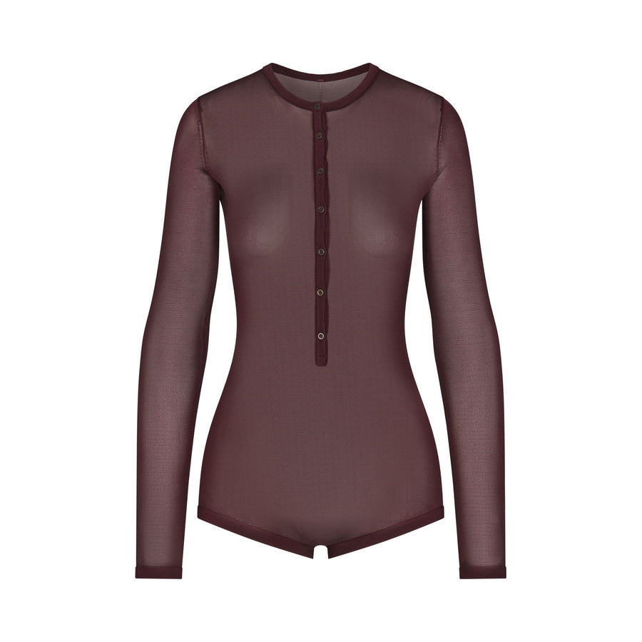 SLINKY KNIT BUTTON UP HENLEY ONESIE | CURRANT