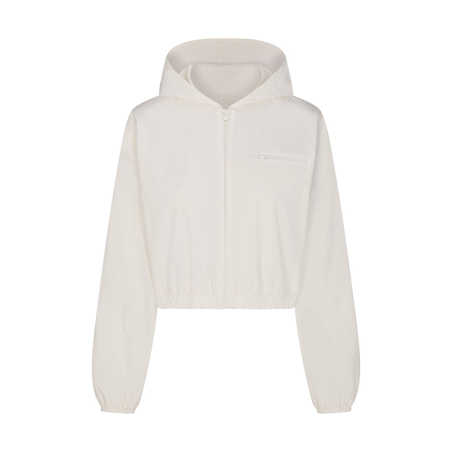 WOVEN COTTON CROPPED ZIP UP JACKET | EGRET