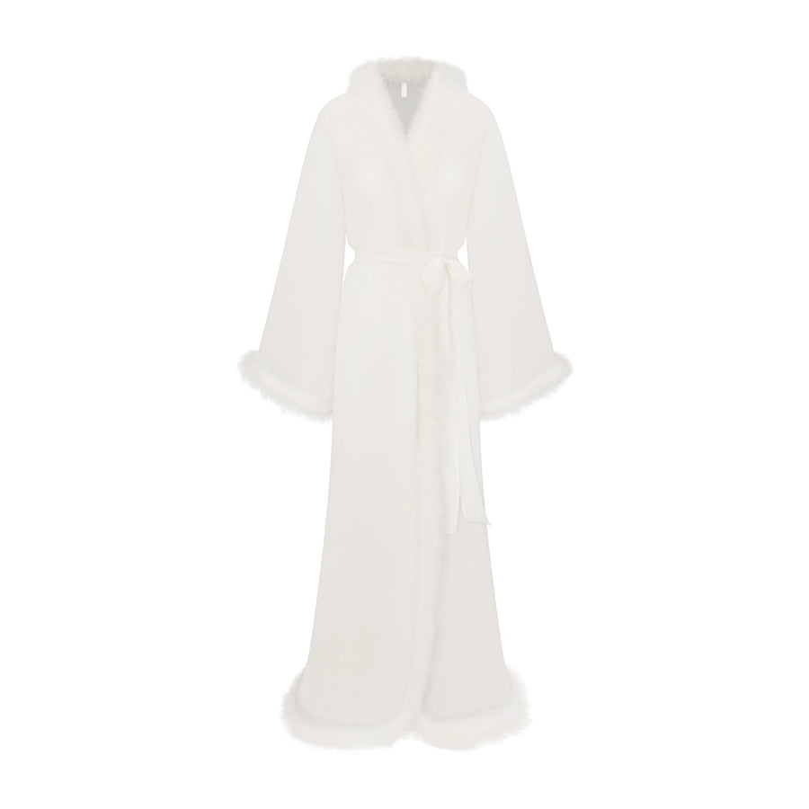BRIDAL SLEEP FEATHER TRIM LONG ROBE | IVORY