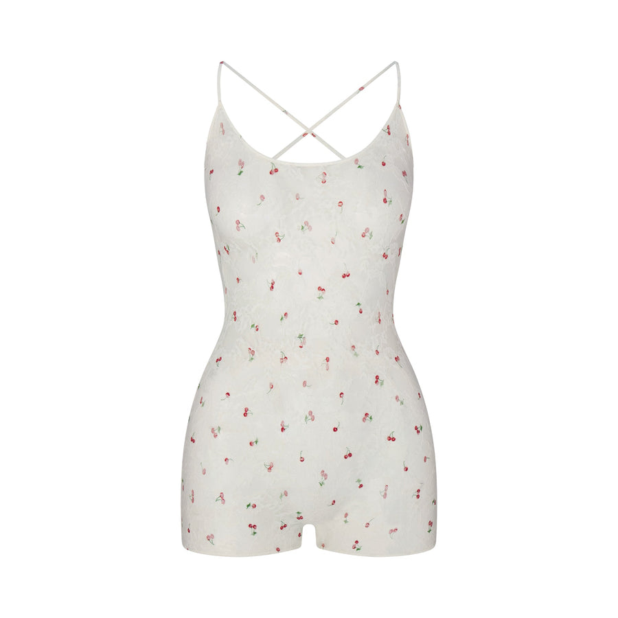 STRETCH LACE LOW BACK ONESIE | IVORY CHERRY PRINT