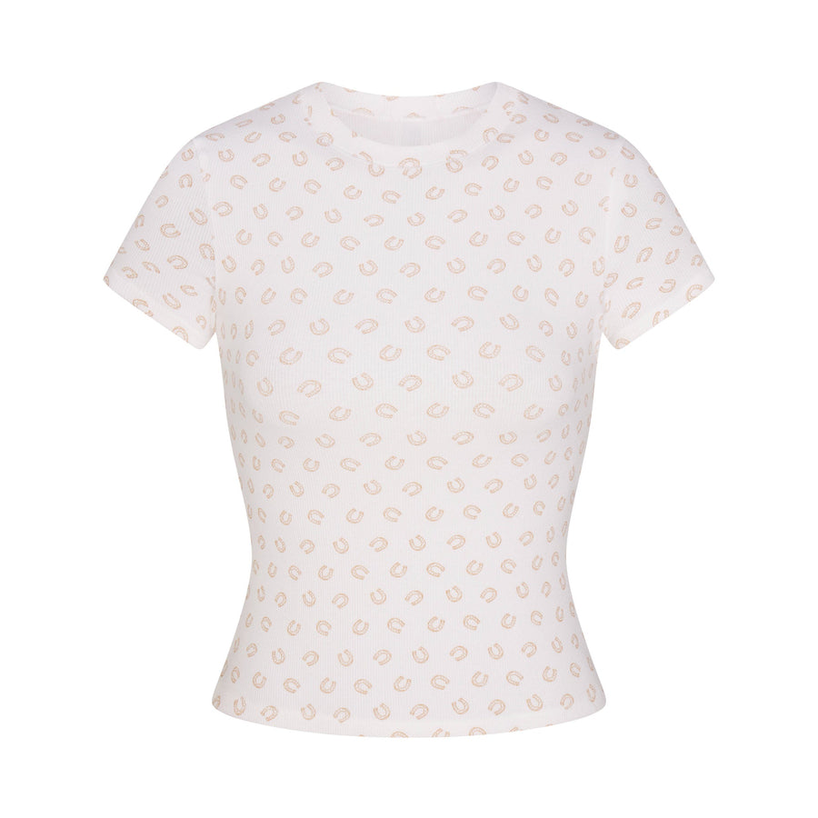 COTTON RIB T-SHIRT | OCHRE HORSESHOE PRINT