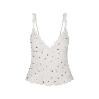 STRETCH LACE TRIANGLE CAMI AND SHORT SET | IVORY CHERRY PRINT