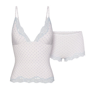 FITS EVERYBODY LACE TRIANGLE CAMI AND BOY SHORT SET | SLATE PIN DOT PRINT