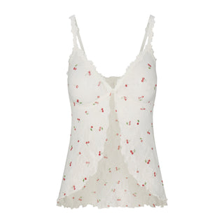 STRETCH LACE BABYDOLL TOP | IVORY CHERRY PRINT