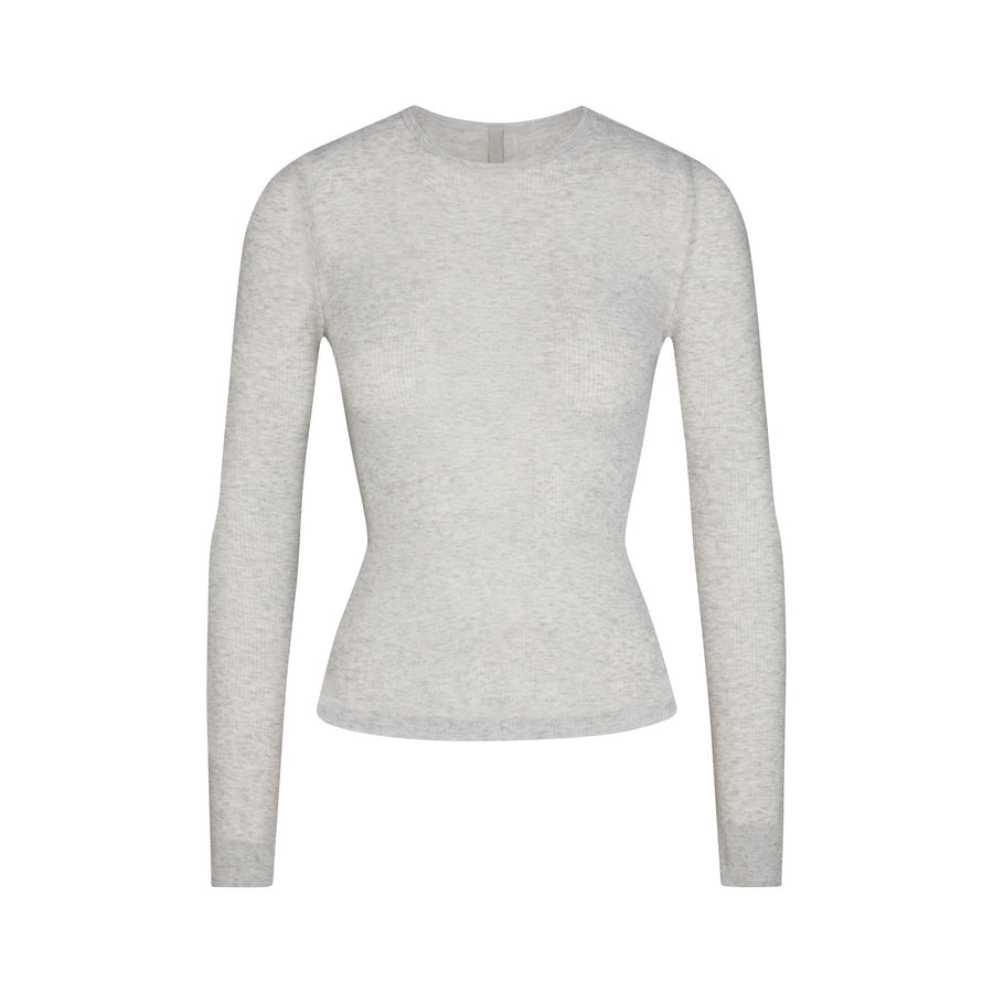 SHEER RIB LONG SLEEVE TOP | LIGHT HEATHER GREY