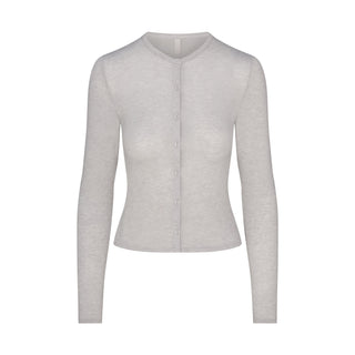 SHEER MODAL CARDIGAN WITH COVERED BUTTONS | HEATHER GREY