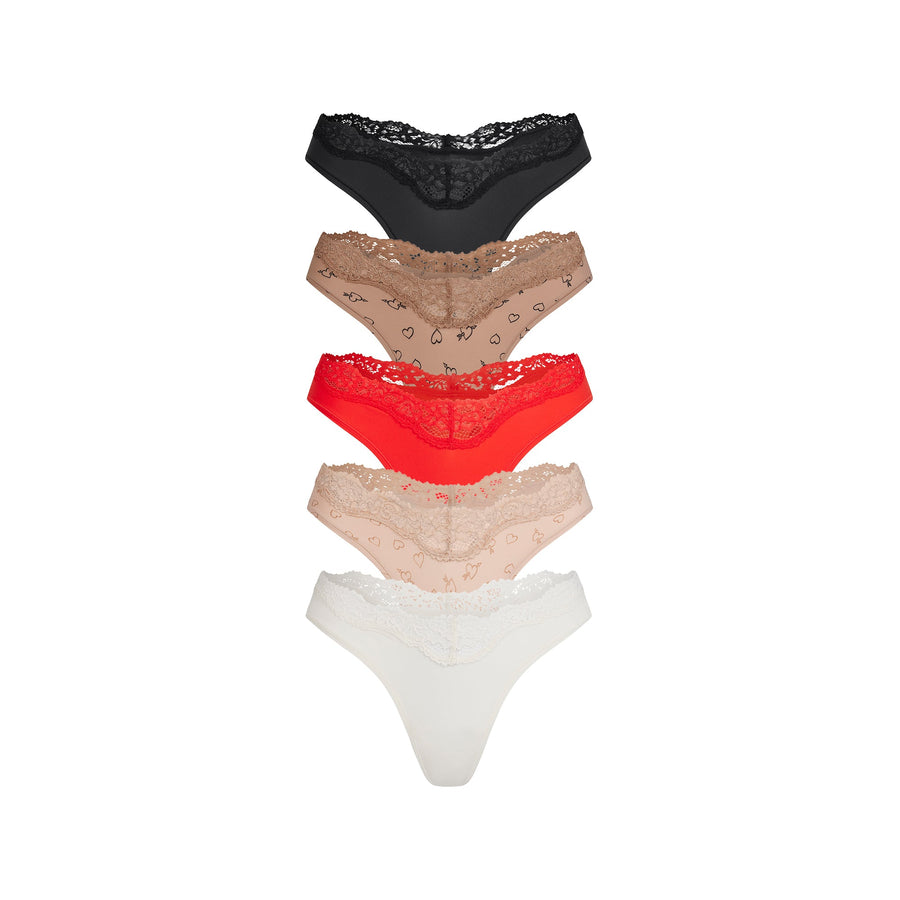 FITS EVERYBODY LACE DIPPED THONG 5-PACK | SKETCHED HEARTS MULTI