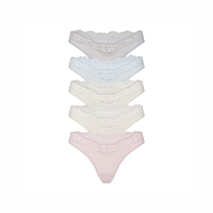 FITS EVERYBODY LACE DIPPED THONG 5-PACK | IVORY PEARL BOW MULTI