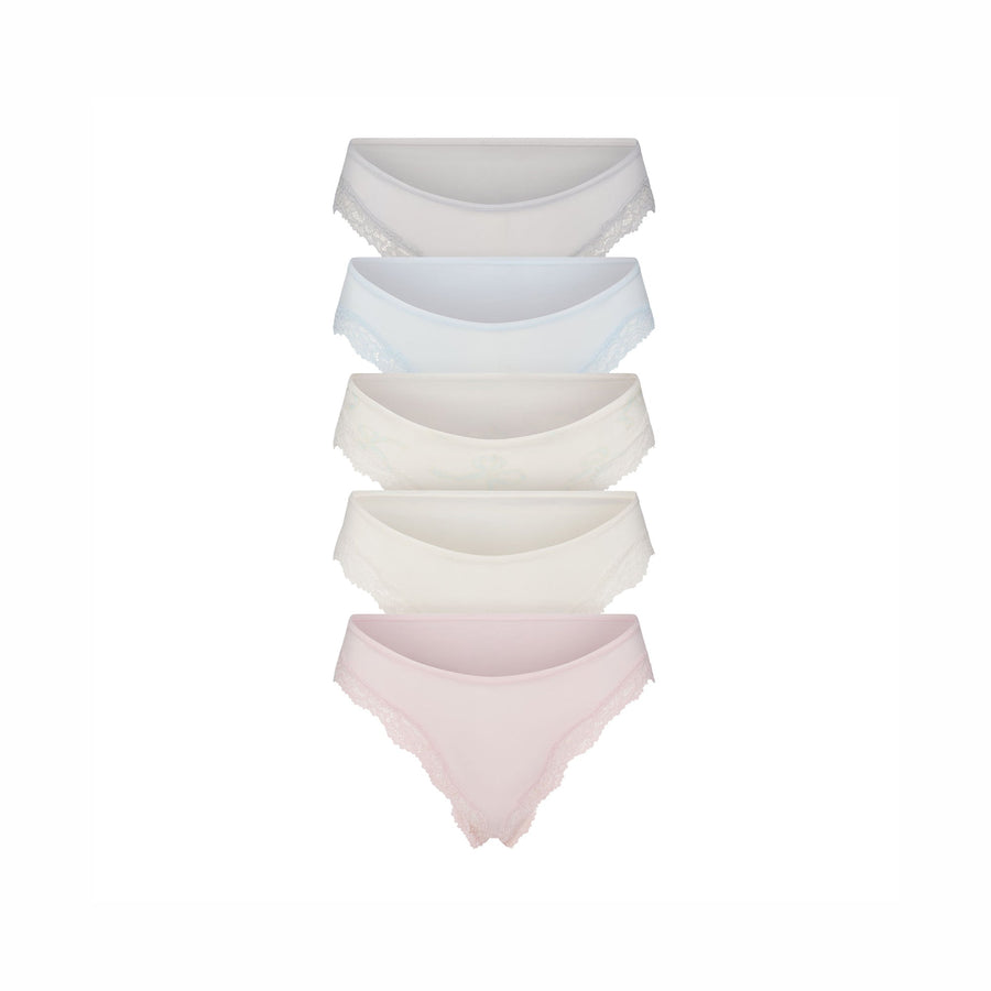 FITS EVERYBODY LACE CHEEKY TANGA 5-PACK | IVORY PEARL BOW MULTI