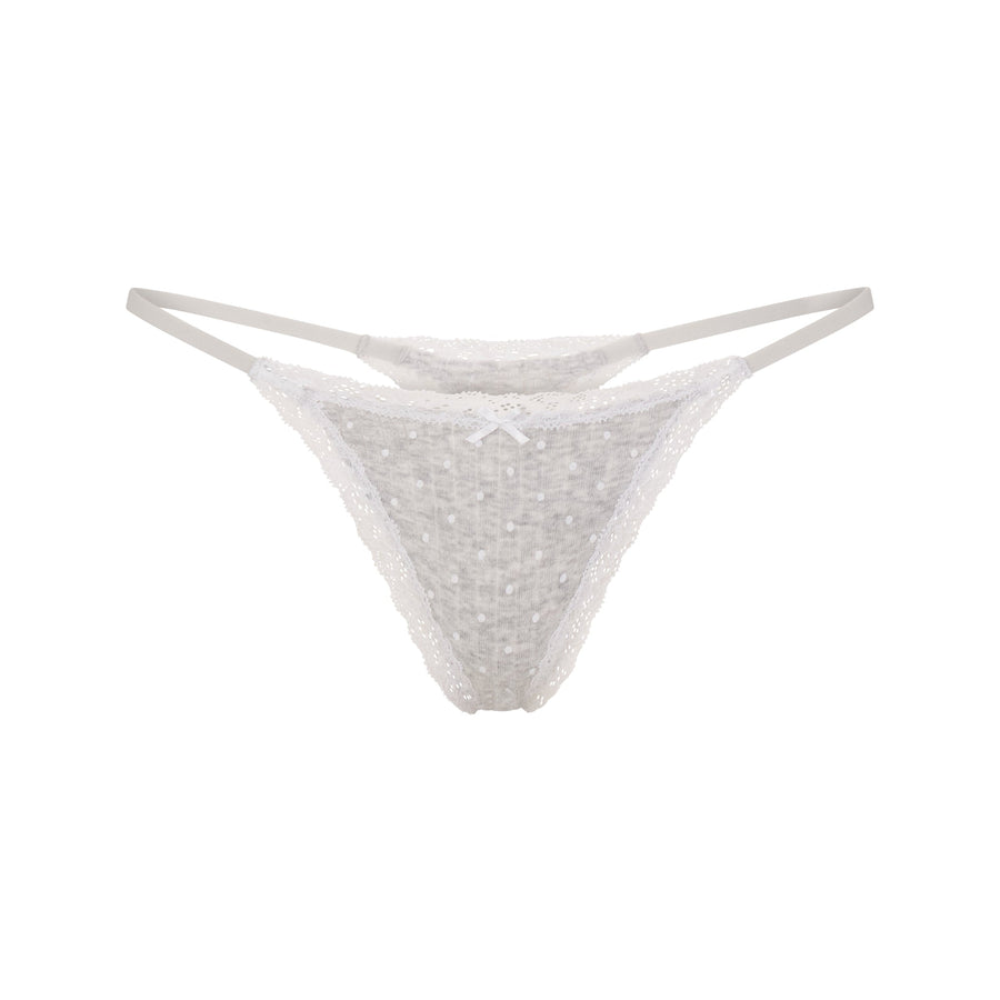 LIGHTWEIGHT COTTON POINTELLE LACE STRING THONG | LIGHT HEATHER GREY PIN DOT
