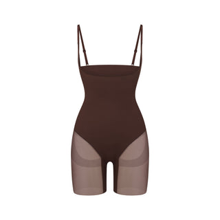 POWER MESH SHAPEWEAR CORE SCULPT OPEN BUST MID THIGH BODYSUIT | COCOA