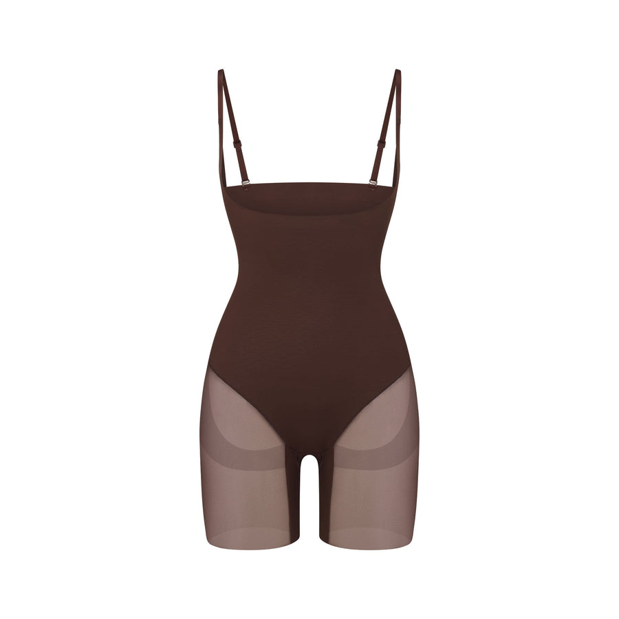 POWER MESH SHAPEWEAR CORE SCULPT OPEN BUST MID THIGH BODYSUIT | COCOA