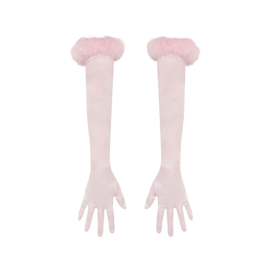 SILK FEATHER TRIM GLOVES | CHERRY BLOSSOM