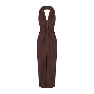 TERRY COVER-UPS DEEP PLUNGE HALTER WRAP DRESS | DARK SEPIA