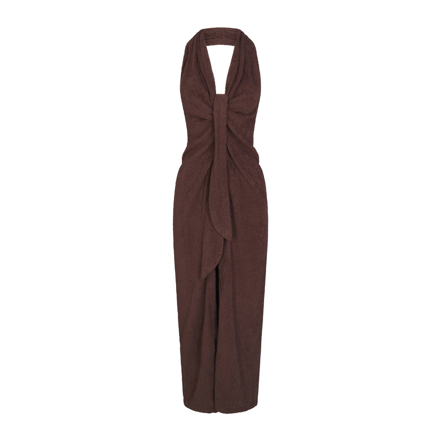 TERRY COVER-UPS DEEP PLUNGE HALTER WRAP DRESS | DARK SEPIA