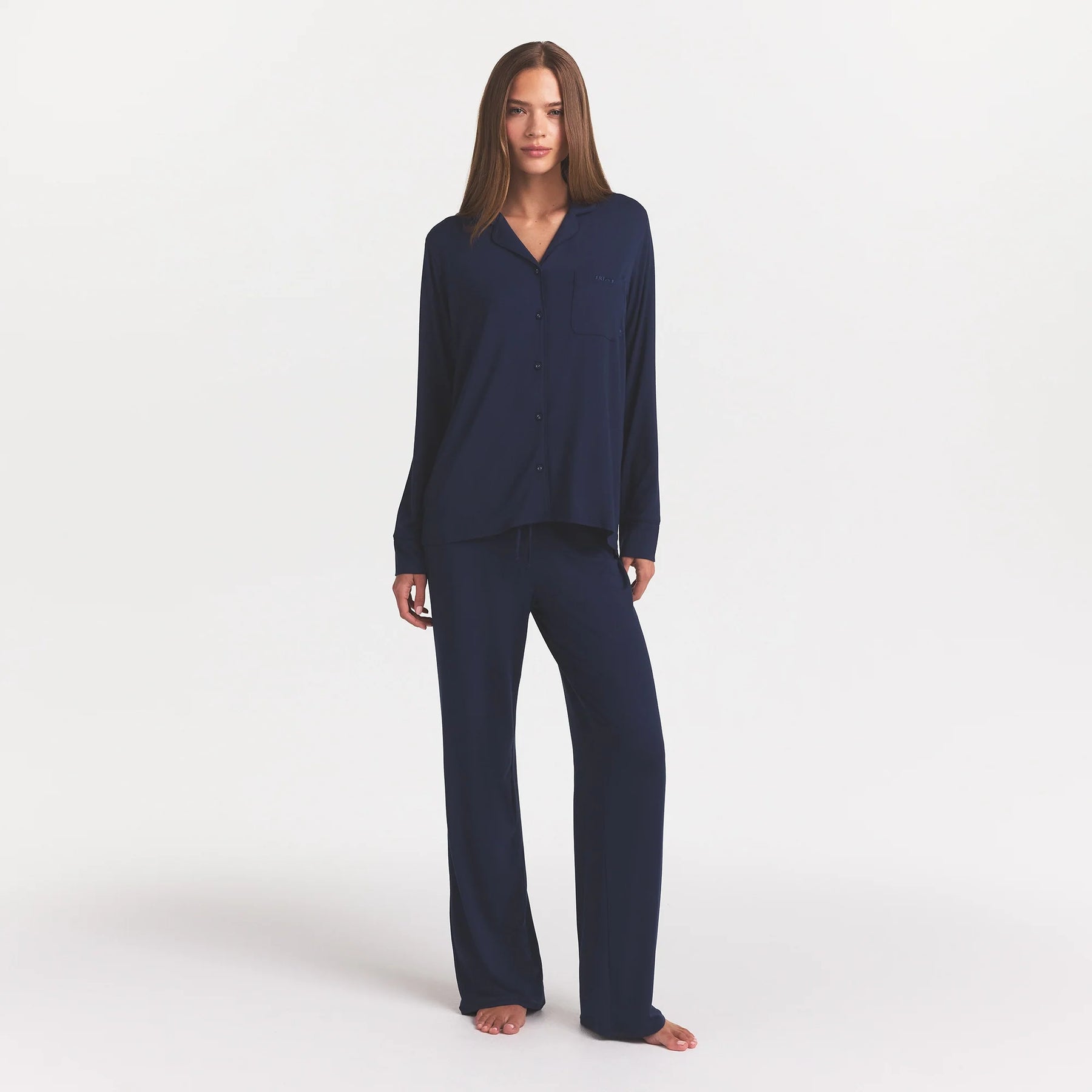 SKIMS SLEEP LONG SLEEVE BUTTON UP SET | NAVY