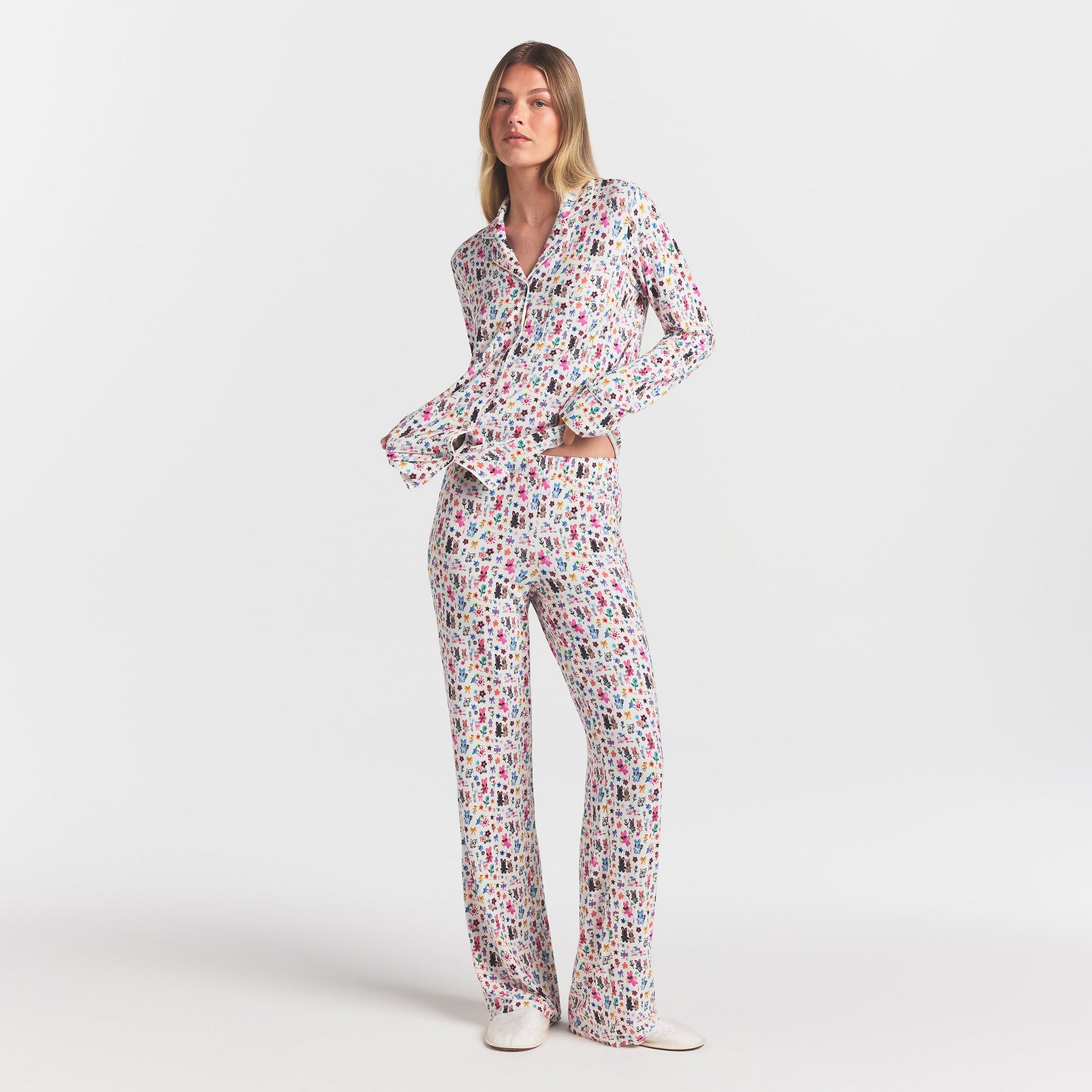 SKIMS SLEEP LONG SLEEVE BUTTON UP SET | MARBLE COOL BUNNY