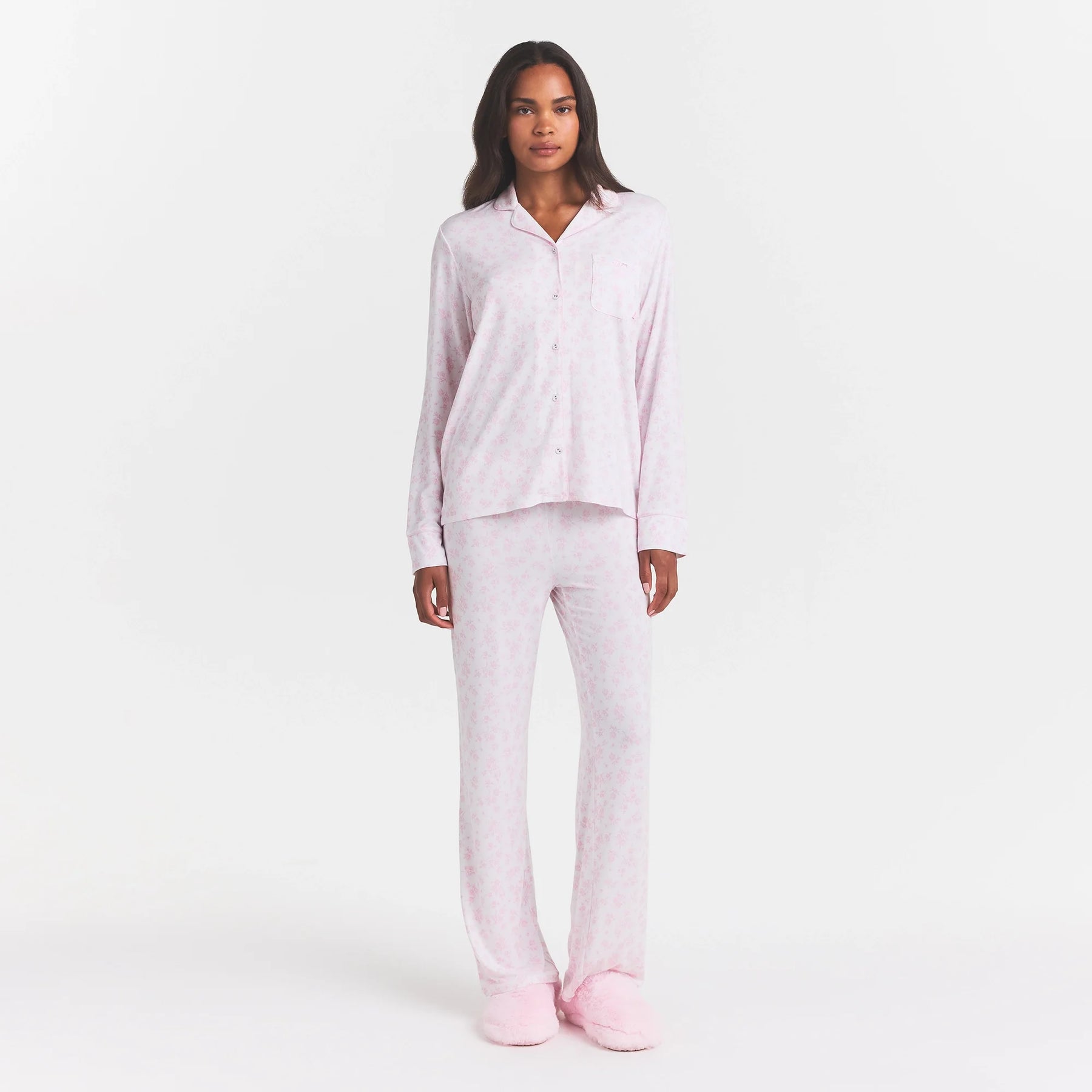 SKIMS SLEEP LONG SLEEVE BUTTON UP SET | SNOW DELICATE FLORAL PRINT