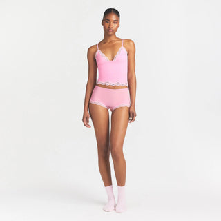 FITS EVERYBODY LACE TRIANGLE CAMI AND BOY SHORT SET | BUBBLE GUM TONAL