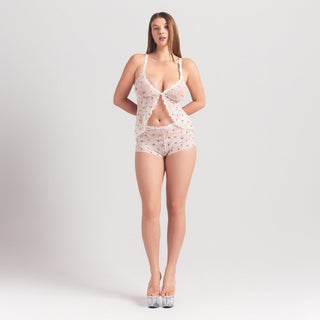STRETCH LACE BABYDOLL TOP | IVORY CHERRY PRINT