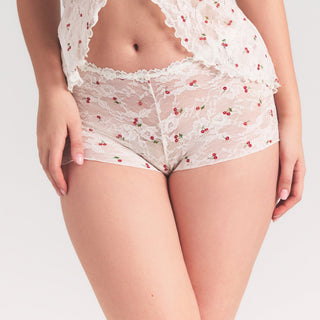 STRETCH LACE BABYDOLL TOP | IVORY CHERRY PRINT