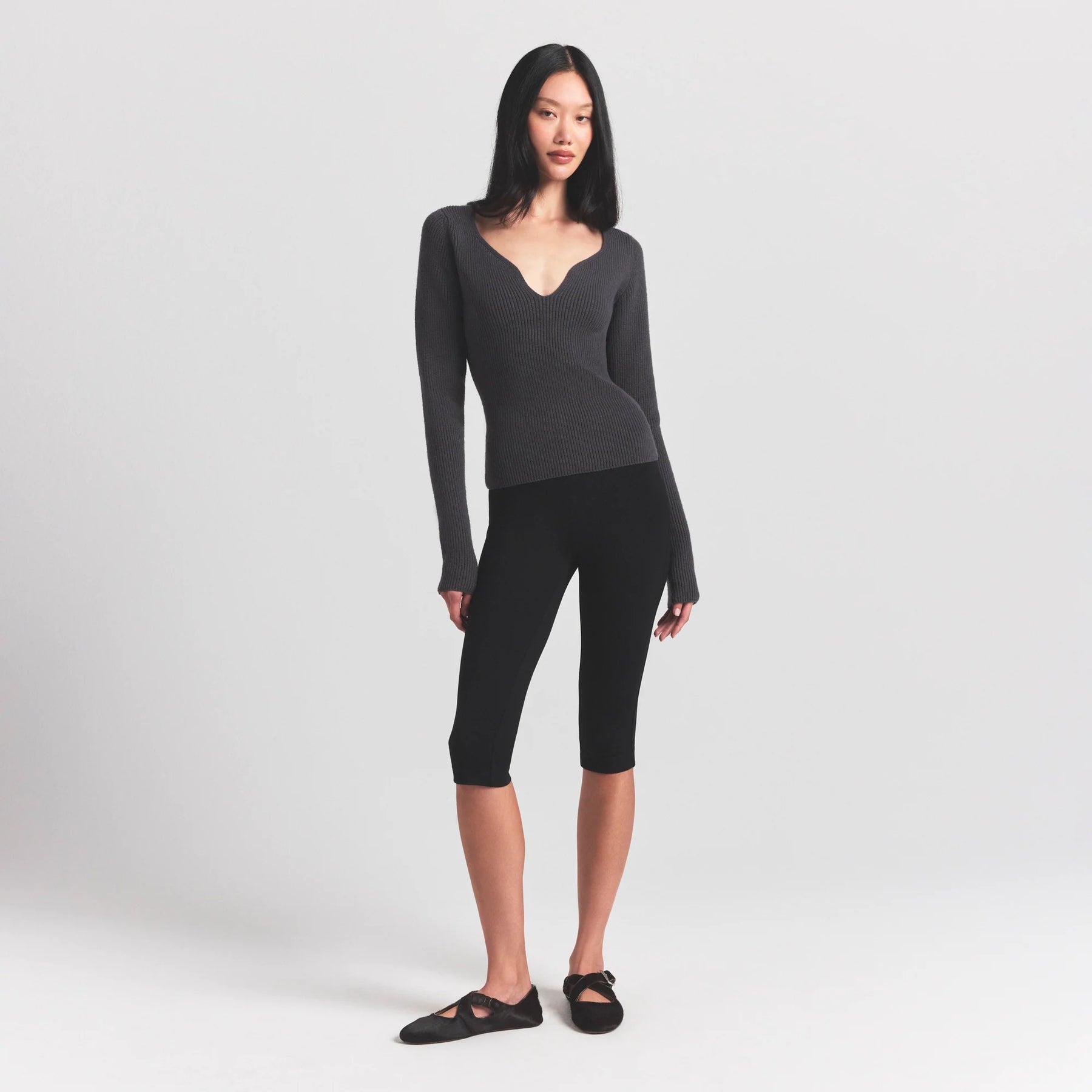 SWEATER KNITS RIBBED LONG SLEEVE TOP | ASH