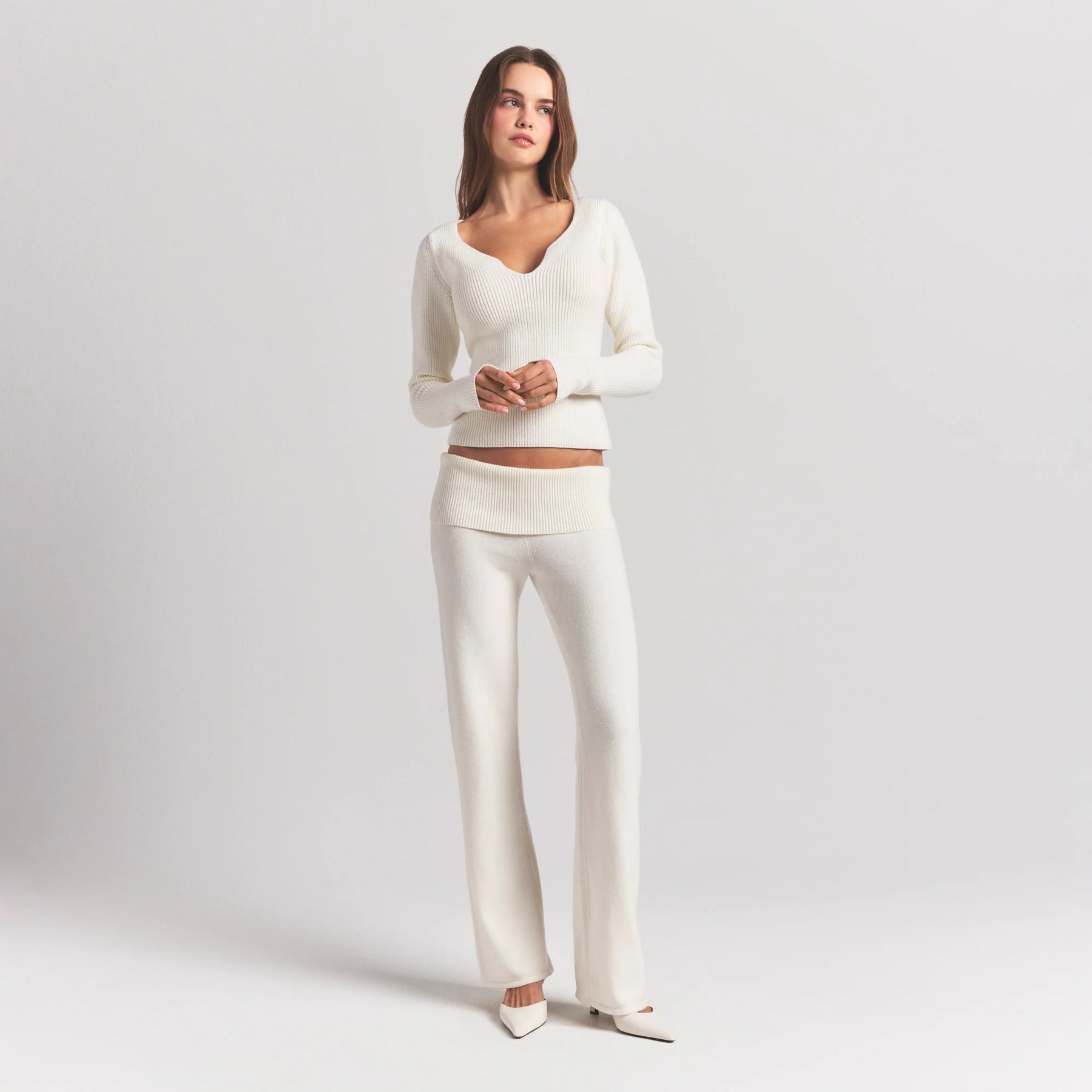 SWEATER KNITS RIBBED LONG SLEEVE TOP | IVORY