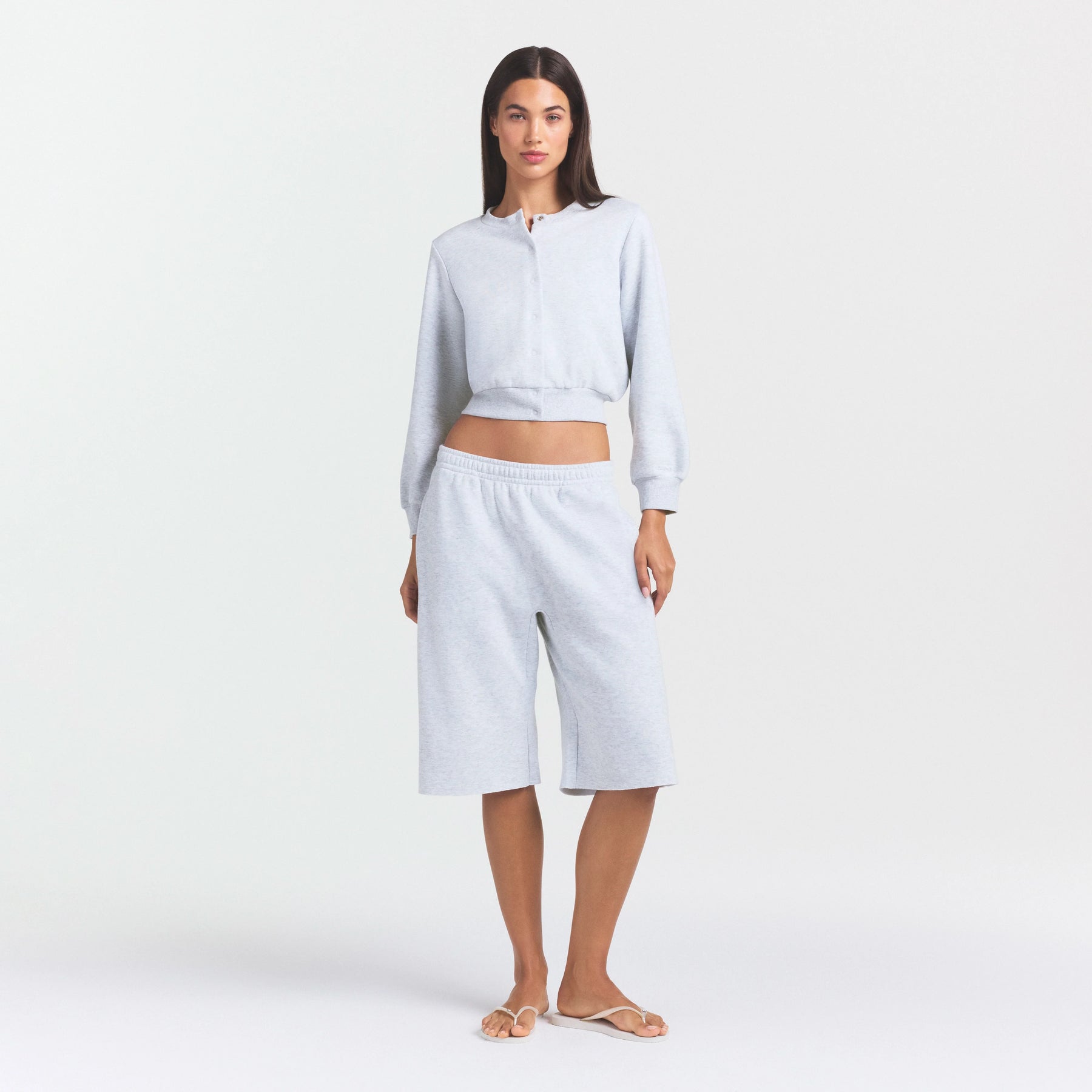 COTTON FLEECE SHRUNKEN CARDIGAN | LIGHT HEATHER GREY